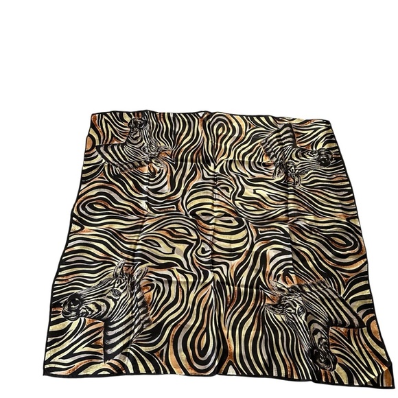 Zebra Print Scarf Black & Rust Safari Silk Feeling Vintage Roller Hem 28” Square - Picture 4 of 10